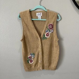 Vtg Lacy Afternoon Cotton Ramie Knit Vest Pearl Detail Embroidered Cottagecore